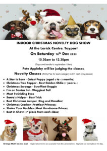A flyer with images of dogs in Christmas dress to advertise Chirstmas Dog Show.